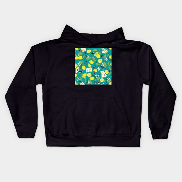 lemons, books and ladybugs on teal Kids Hoodie by kobyakov